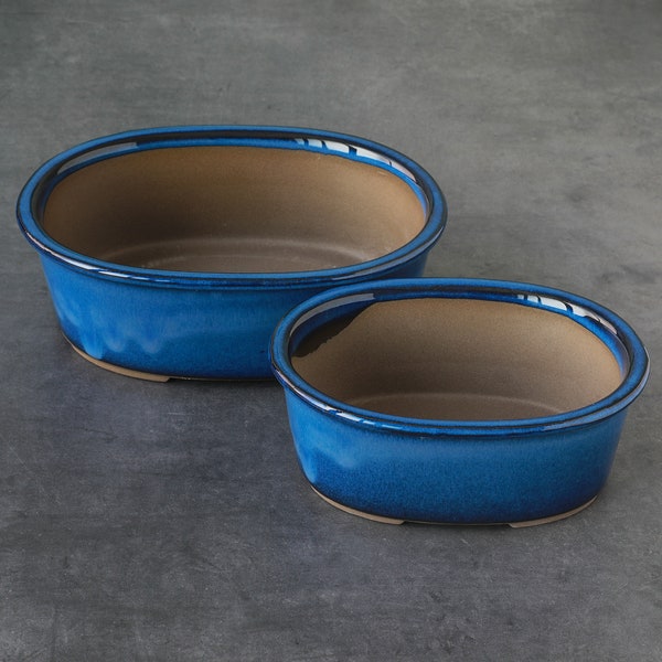 Wazakura Banko Series 2PCS Oval Bonsai Pots Set, Namako Blue