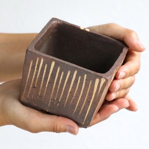 Wazakura Tokoname Series Small Handmade Striped Square Bonsai Pot with Drainage Hole 4.1in (105mm) Made in Japan Garden Ceramics