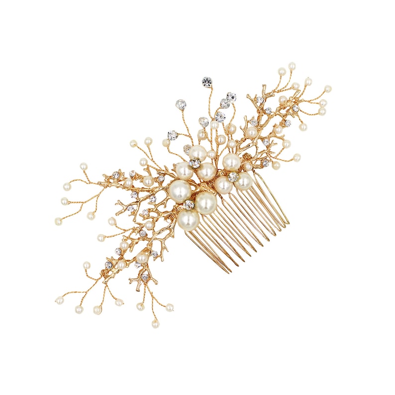 Bridal Hair Comb Golden Bride Tiara Pearls Rhinestone Bridal Comb Bridesmaid Flower Girl Hair Comb Party Hair Comb Wedding Hair Accessory