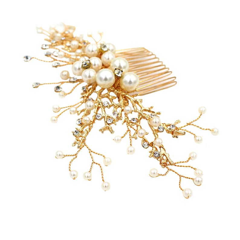 Bridal Hair Comb Golden Bride Tiara Pearls Rhinestone Bridal Comb Bridesmaid Flower Girl Hair Comb Party Hair Comb Wedding Hair Accessory