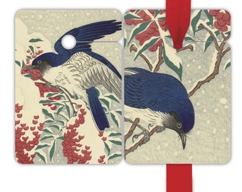 8 Japanse winter gift tag hangtags met FlycatcherBirds in de sneeuw (2 motieven)