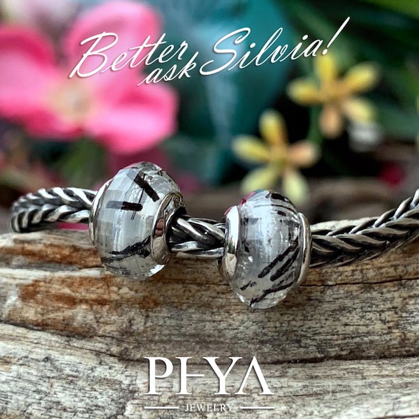 PHYA Black Rutilated Quartz Stopper (pair) natural with rivet in S925 Silver/White Gold Plated