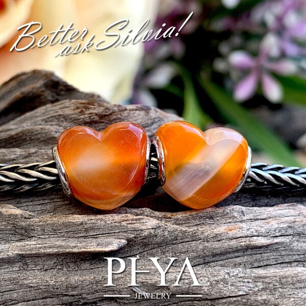 Natural PHYA Heart Orange Agate with S925 Silver/White Gold Plated rivet