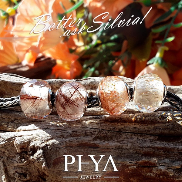 PHYA natural Copper Rutilated Quartz with rivet in S925 Silver/White Gold Plated