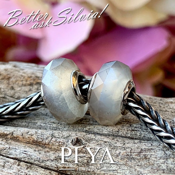 PHYA Natural Gray Moonstone Diskette with Rivet in S925 Silver/White Gold Plated