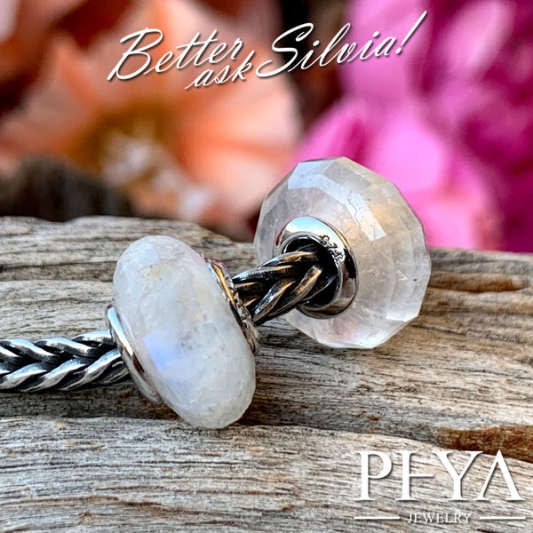 PHYA Natural Rainbow Moonstone Diskette with Rivet in S925 Silver/White Gold Plated