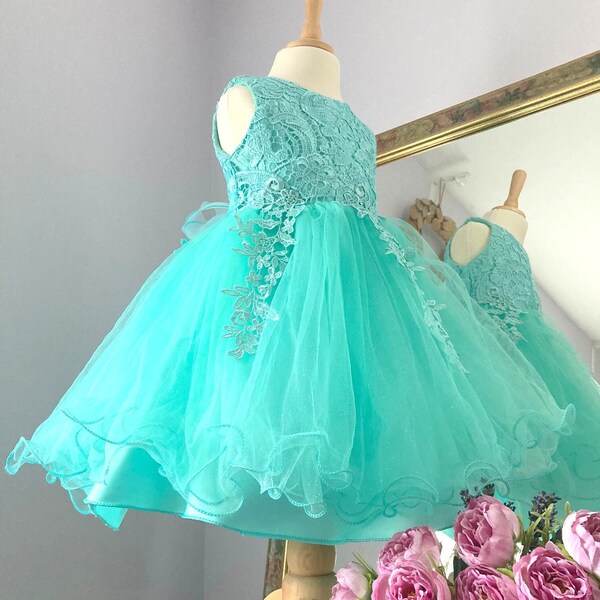 Ariana Flower Girl Lace & Tulle Dress Mint Green / Navy