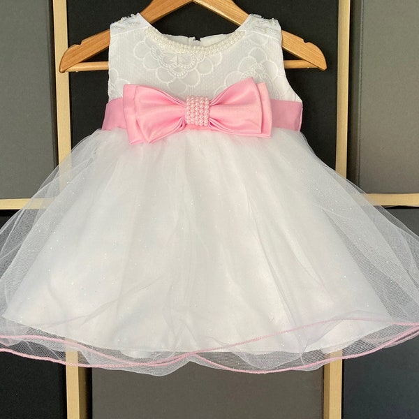 Emma Baby Christening Dress Princess Pink Bow Pearl Necklace Gown & FREE Headband