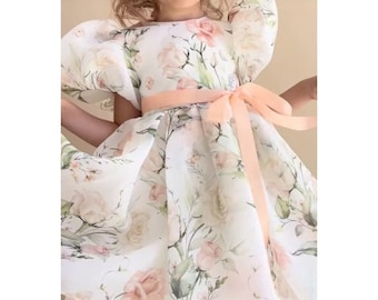 Alicia Flower Girl Birthday Party Puff Sleeve Green & Peach Floral Print Dress 1-9 Years