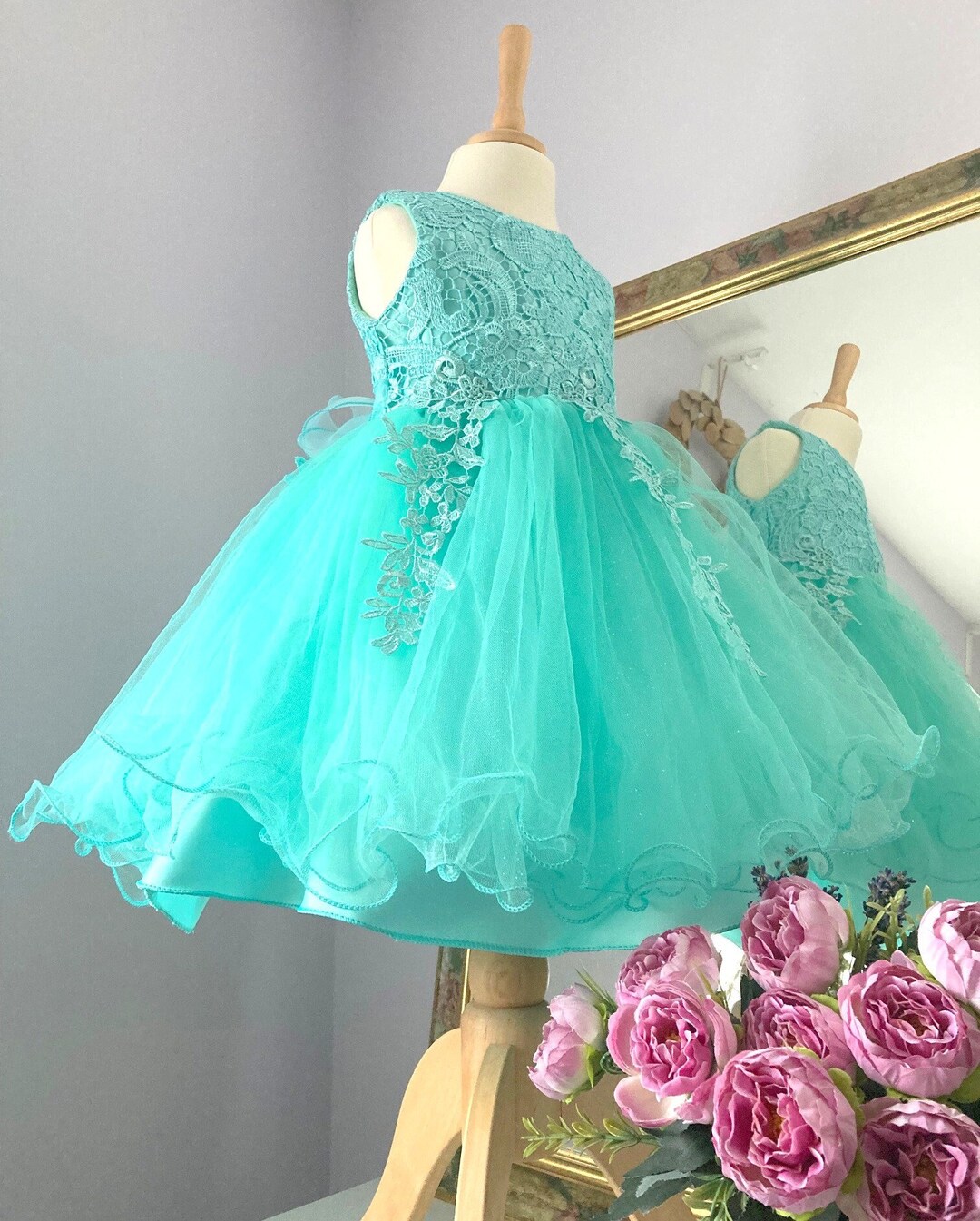 Ariana Flower Girl Lace & Tulle Dress Mint Green / Navy Etsy
