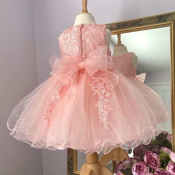 Ariana Flower Girl Lace & Tulle Peach/Watermelon Dress and Free Crown Headband