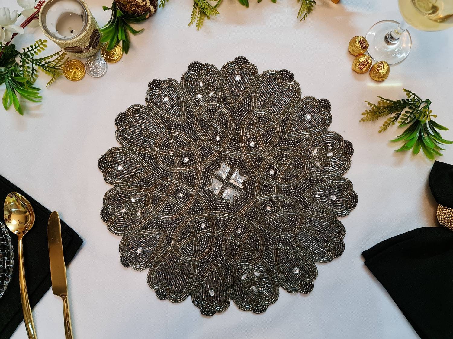 Decorative Handmade Beads Pattern Table Mat Place Mat Silver Etsy
