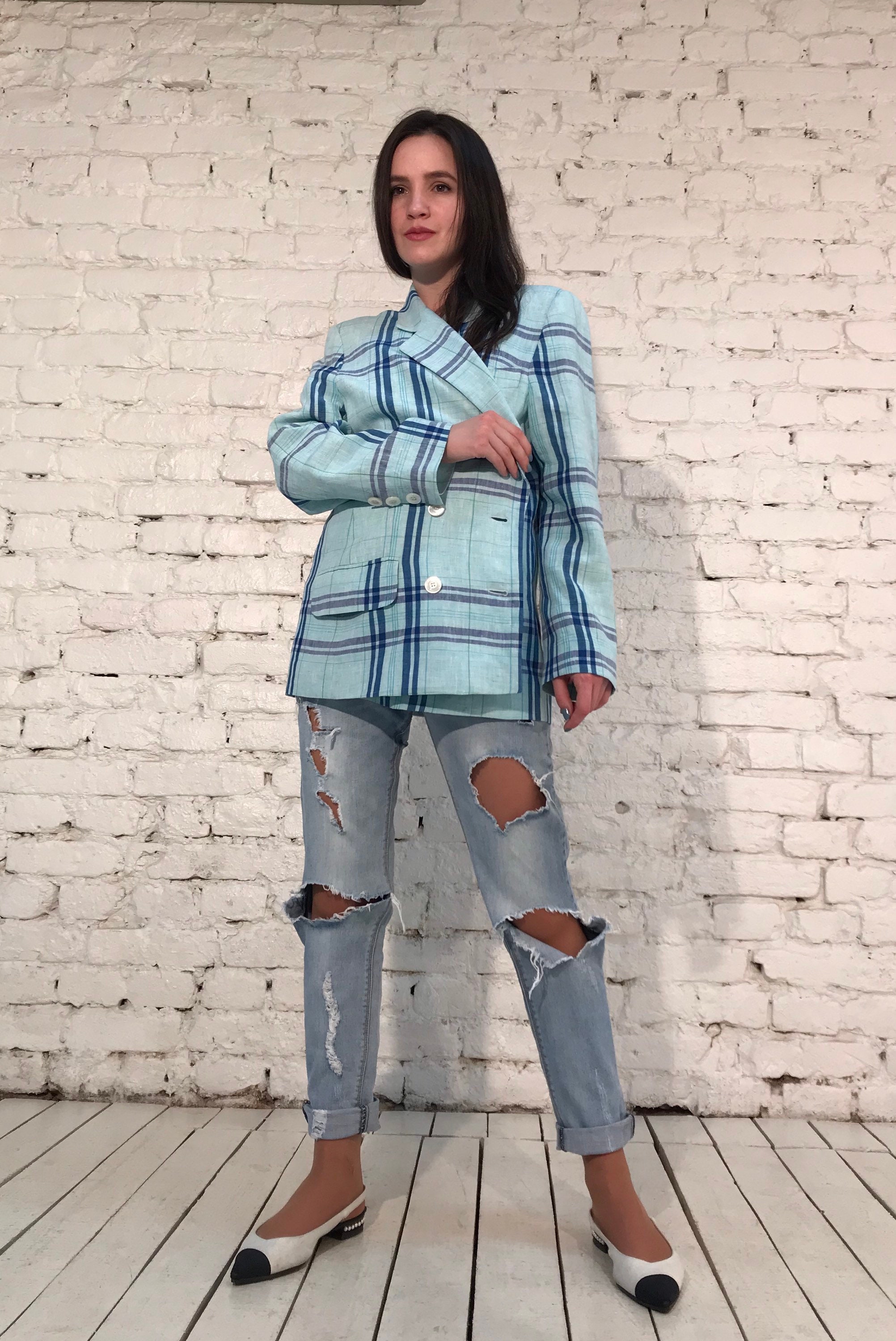 Authentic Vintage Escada by Margaretha Ley oversized light blue check linen jacket blazer,size L.