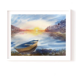 Hand-Painted Sunset Boat Watercolor Painting, Lake Landscape Art