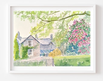 6x8 Hand-Painted Cottages in Forest Landscape Original Watercolor Painting Handmade