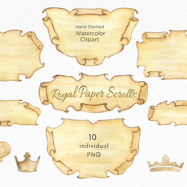 Watercolor Paper Scrolls Clipart, Crowns Clipart, Royal Vintage Old Paper