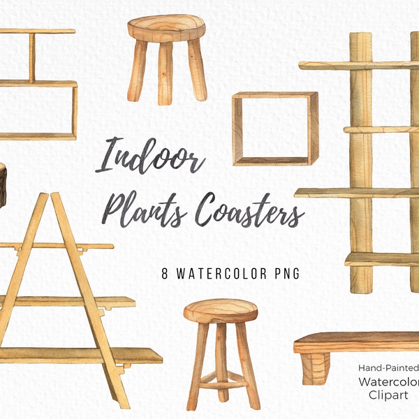 Watercolor Indoor Plants Coasters Clipart, Scandinavian Wooden shelves and coasters