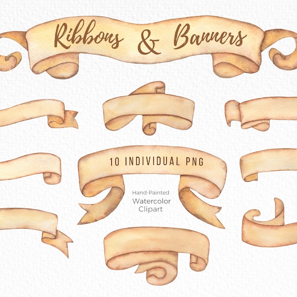 Watercolor Banners Ribbons Clipart, Vintage Old paper Scrolls