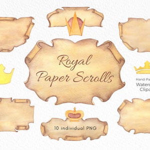 Watercolor Paper Scrolls Clipart, Crowns Clipart, Royal Vintage Old Paper