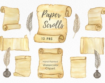 Watercolor Paper Scrolls Clipart, Inkwell Clipart, Ancient Vintage Old Paper