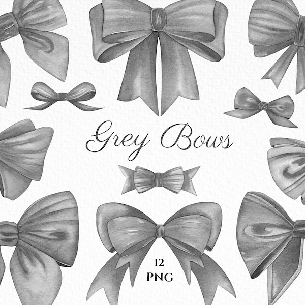 Watercolor Gray Bows Clipart, Hand Painted Birthday Bows PNG