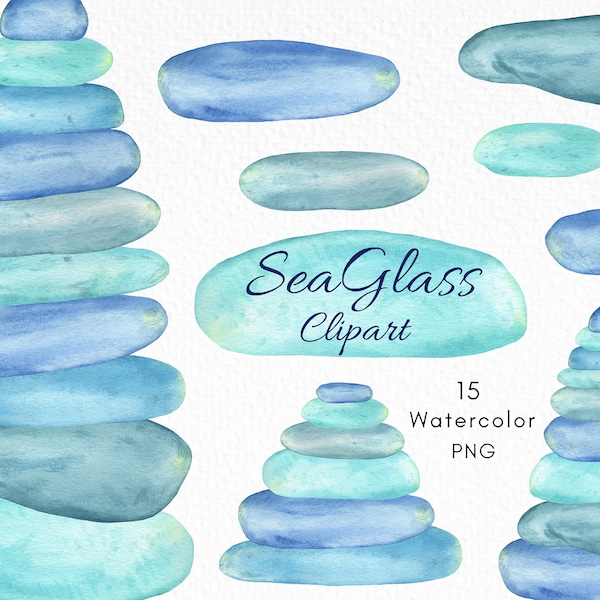Watercolor Sea Glass Clipart, Marine Beach Clipart, Blue Sea Glass Pyramid