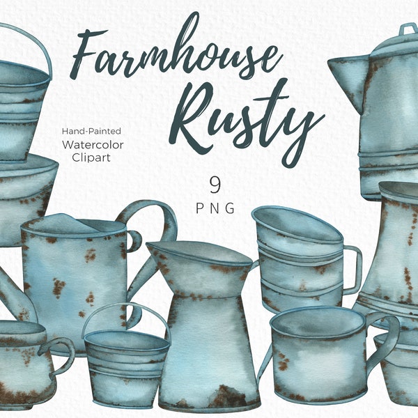 Watercolor Farmhouse Rusty iron elements, Rustic Teapot, Watering can, Cup and Bucket