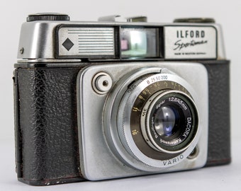 Dacora Ilford Sportsman Modell 4 komplett mit F2.8 45mm Objektiv, hergestellt in West Germany ca. 1960er Jahre, Leder immer fertig Hülle inklusive.