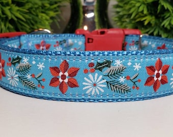 Dog Collar, Winter Dog Collar, Christmas Dog Collar, Holiday Collar, Dog Leash, Metal Buckle Collar, Martingale Collar, 1" Collar,Poinsettia