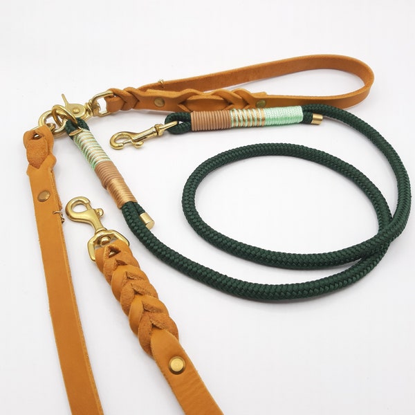 Dog leash, combination leash (fat leather or dew) consisting of hand strap and leash with fixed length, green / cognac