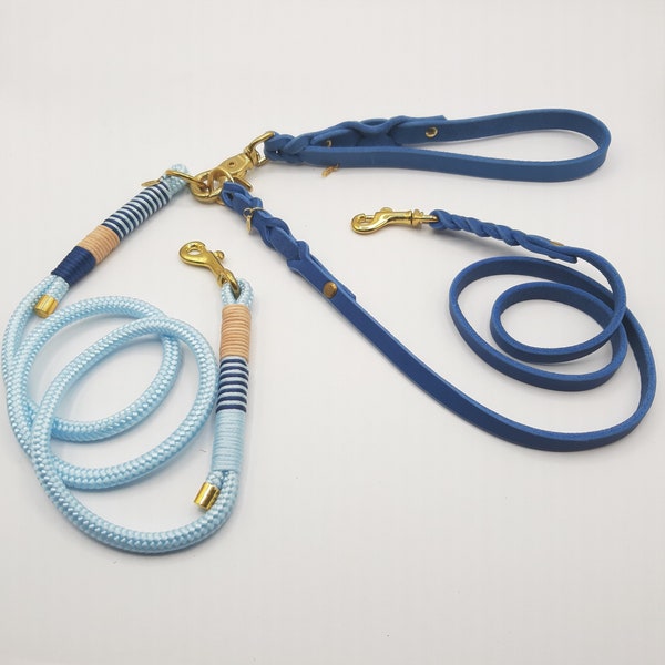 Dog leash, combination leash (fat leather or dew) consisting of hand strap and leash with fixed length, azure blue / cognac / light blue