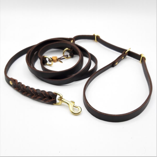 Dog leash, grease leather, retrieverine, 3-fold adjustable, width 10 or 15 mm, length max. approx. 230 cm, fittings brass, 3 colors