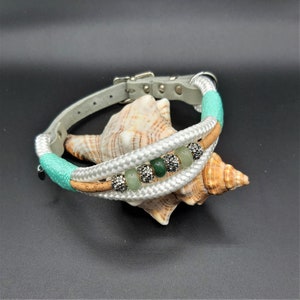 Collare per cani, corda, diametro 8 mm (doppio), sughero, pelle grassa, circonferenza 30-50 cm, bianco/grigio-argento/verde menta