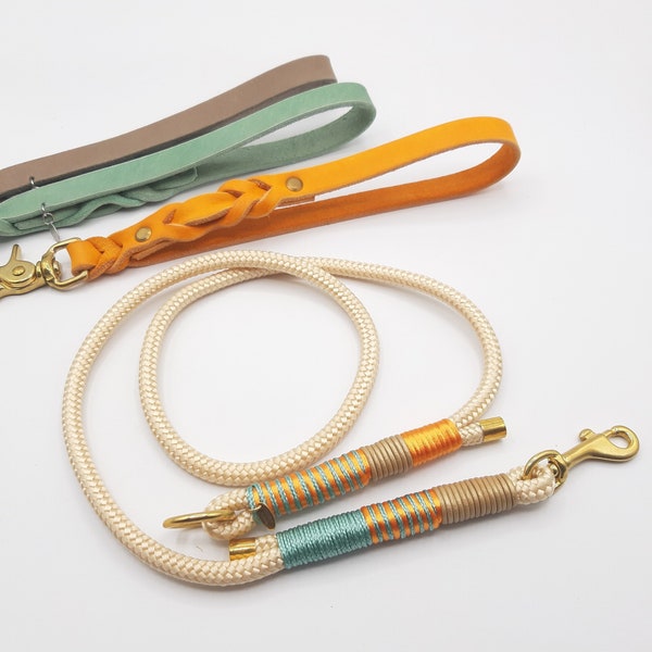 Dog leash, combination leash (fat leather or dew) consisting of hand strap and leash with fixed length, shinygold / mint o. mud o. orange