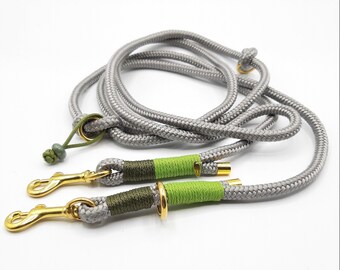 Laisse pour chien, corde, 3 fois réglable, longueur max. env. 220 cm, diamètre 8 mm, couleur grise avec gréement vert clair et vert olive