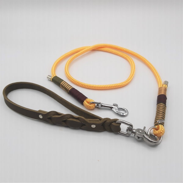 Dog leash, combination leash (fat leather or dew) consisting of hand strap and leash with fixed length, olive green / bordeaux / corn yellow