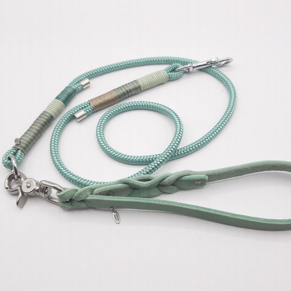 Dog leash, combination leash (fat leather or dew) consisting of hand strap and leash with fixed length, mint / mint or mud