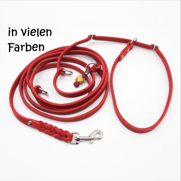Dog leash, grease leather, pull stop, 3-fold adjustable, width 10-15 mm, length max. approx. 230 cm, fittings silver
