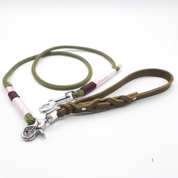 Dog leash, combination leash (fat leather or dew) consisting of hand strap and leash with fixed length, olive green / bordeaux