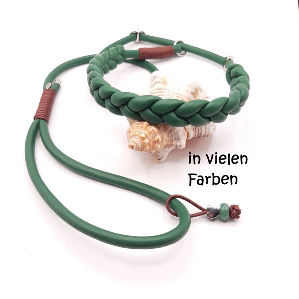 Dog leash, nappa leather, retrieverine, pull stop, length approx. 100 cm, braided neck, diameter 8 mm, rings stainless steel.