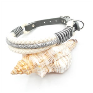Collare per cani, corda, cuoio grasso, diametro 10 mm (doppio), circonferenza 36-42 cm, bianco/grigio
