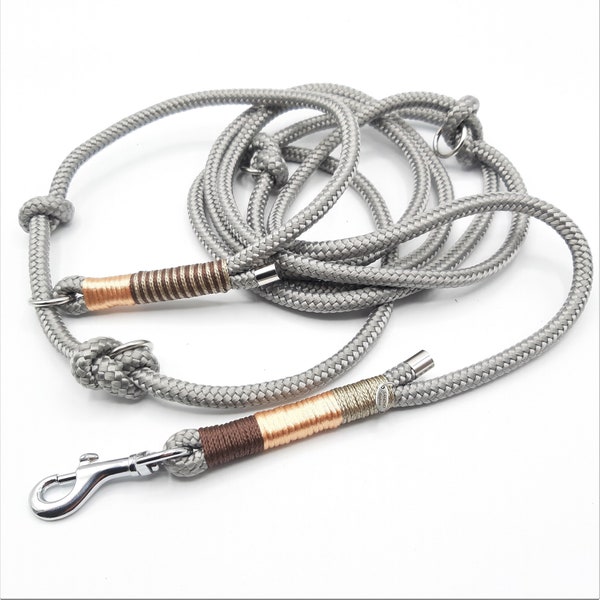 Dog leash, dew, retrieverine, pull stop, 3-fold adjustable, max. length approx. 220 cm, diameter 8 mm, colour grey/brown-gold