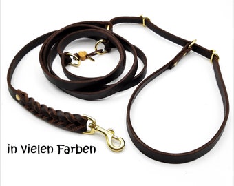 Dog leash, greased leather, retriever leash, pull stop, 3-way adjustable, width 10-15 mm, max. length approx. 230 cm, brass fittings.
