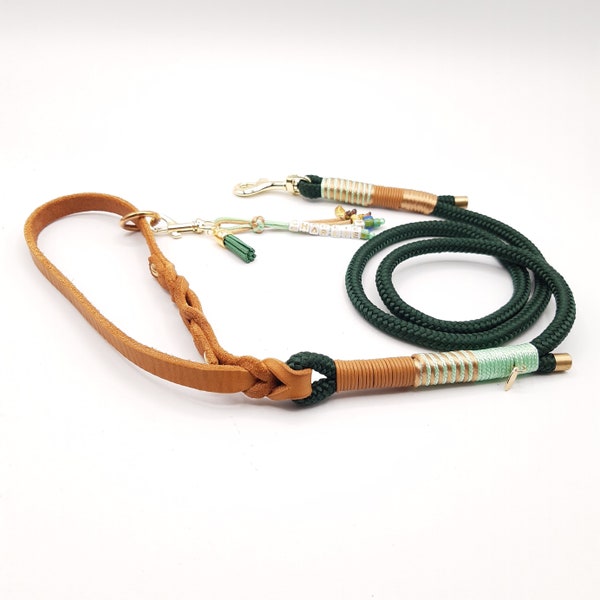 Dog leash made of dark green dew with hand strap made of cognac-colored fat leather, fixed length, approx. 100 cm long