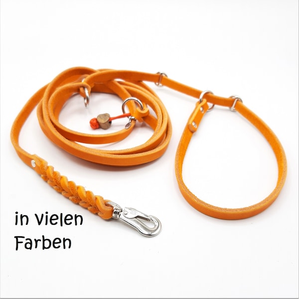 Dog leash, grease leather, pull stop, 3-fold adjustable, width 10-15 mm, length max. approx. 230 cm, fittings and surf hooks silver-colored.