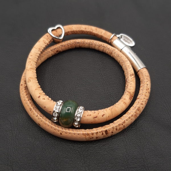 Armband, Portugiesischer Kork, doppelt geschlungen, 5 mm, Umfang 16-22 cm, Bajonettverschluss Edelstahl, Strassperlen und Achat