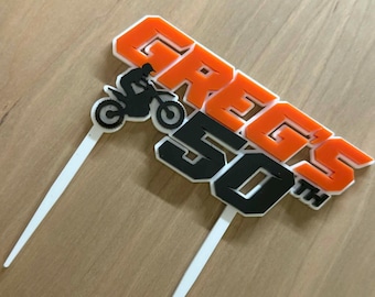 Acrylic Dirt Bike KTM style  cake topper– Personalised Name & Age