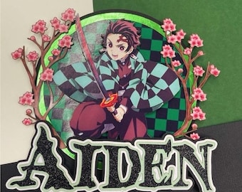 Layered Cardstock Anime Demon Slayer themed cake topper personalised