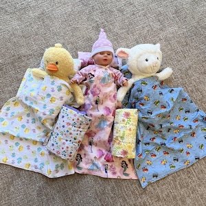 Handmade Doll Blanket and Pillow Set, Flannel Prints, Assorted Patterns