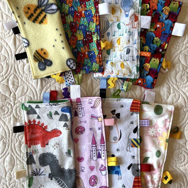 Sensory Tag Blanket Lovey in Assorted Prints-Bees, Cats, Dogs, Elephants, Dinosaurs, Flowers, Unicorns